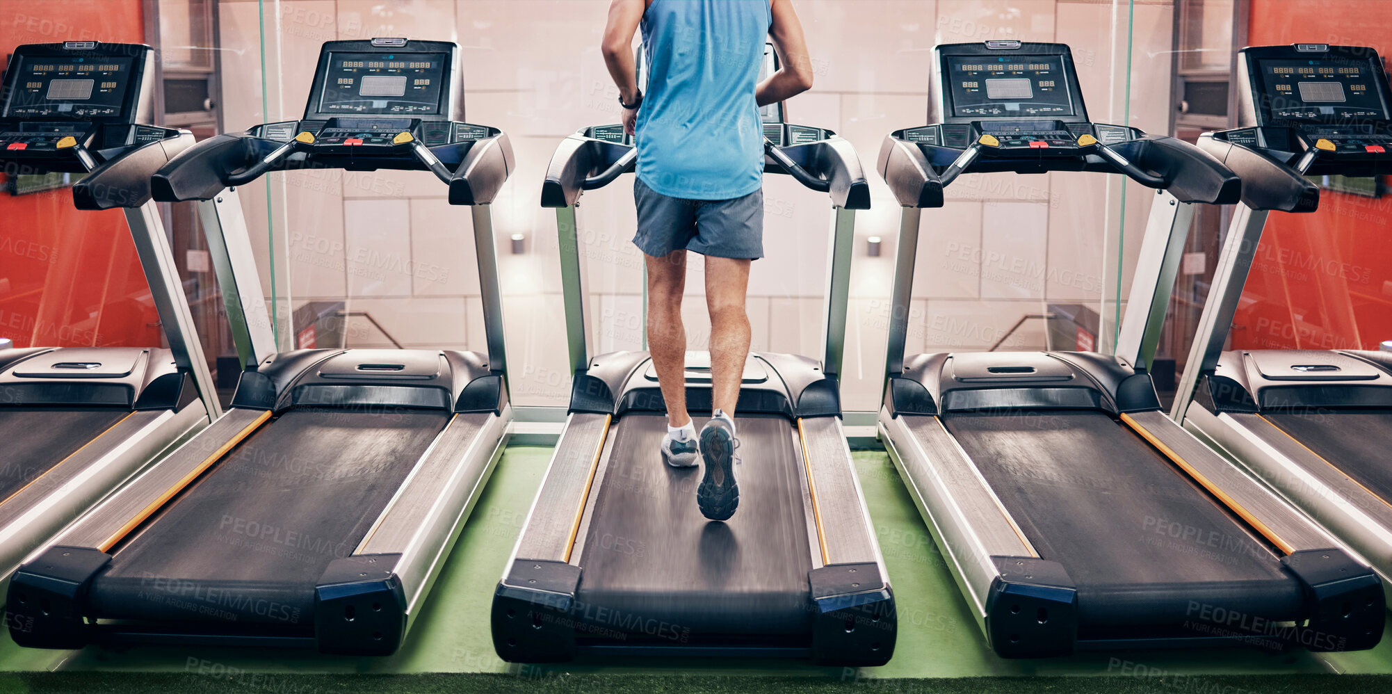 Buy stock photo Running, fitness and exercise on treadmill in gym for healthcare motivation goal. Speed runner, sports workout and healthy marathon training or cardio wellness machine for race in health club