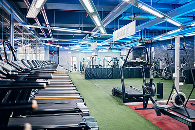 Buy stock photo Empty gym, equipment and studio for fitness, exercise and sports or wellness training indoors. Treadmill, machines and health center for workout, athletics and motivation for race or marathon