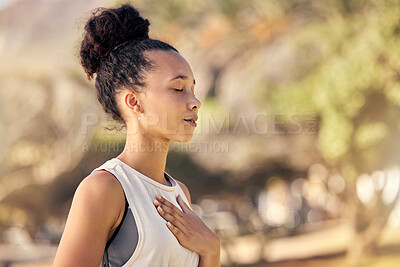 Buy stock photo Black woman, breath and hand on chest, for meditation and wellness being peaceful to relax. Bokeh, African American female and lady outdoor, in nature and being calm for breathing exercise and health
