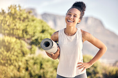 Buy stock photo Yoga, nature and portrait black woman with fitness, health and wellness smile for cardio, workout and meditation training. Happy, zen and calm sports girl with gear on mountain for pilates exercise
