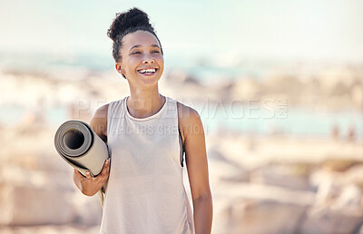 Buy stock photo Yoga, fitness and beach black woman thinking of meditation or zen lifestyle in summer sunshine for outdoor healing, wellness and peace. Pilates, sports and healthy woman with training gear by a sea