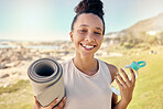 Nature, fitness and black woman with bottle and yoga mat ready to begin exercise, workout and training. Summer, yoga and portrait of young female with water exercising for health wellness by ocean