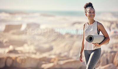 Buy stock photo Yoga, pilates and beach mock up of woman ready to start health fitness, outdoor exercise or body wellness workout. Freedom peace, mat and rock mockup of happy black girl in nature for sports training