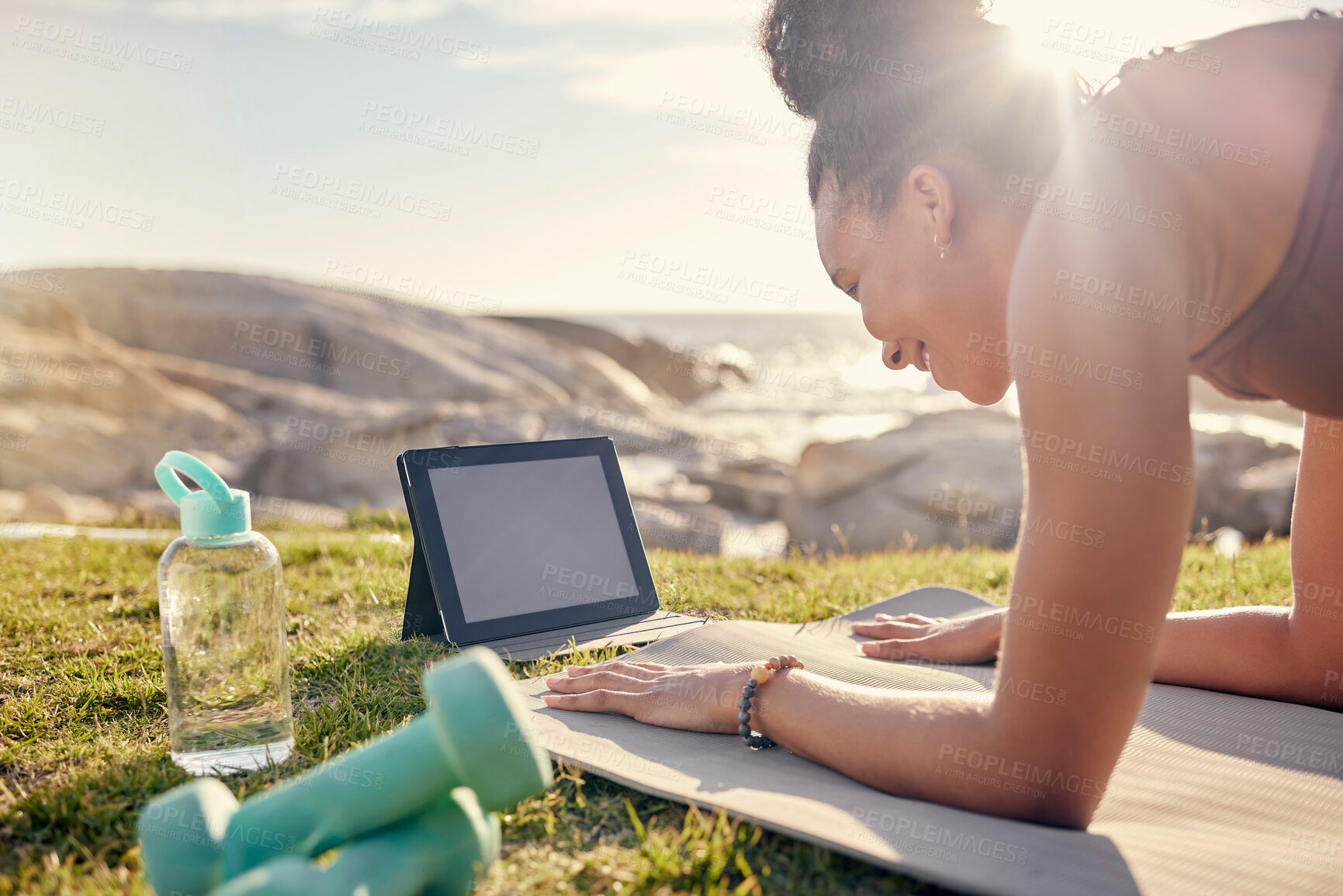 Buy stock photo Yoga, nature and tablet with woman on fitness online class, live streaming or video learning mockup in summer. Pilates, stretching and workout sports girl in a park with exercise gear and tech screen
