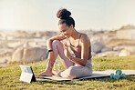 Tablet, woman and meditation for workout, relax or exercise for health outdoor or connect. Digital device, black girl or young female with online fitness class, wellness or yoga mat for communication