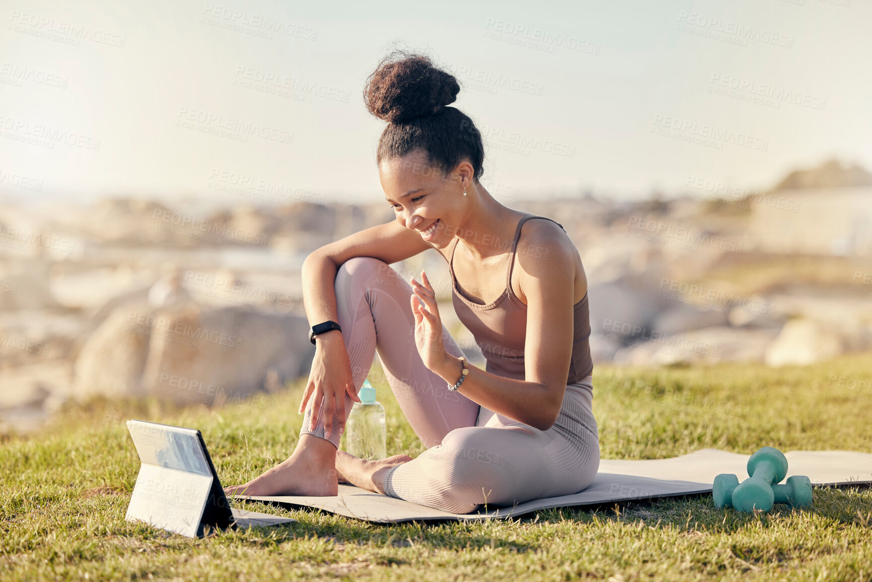 Buy stock photo Tablet, woman coach and meditation for workout, relax and exercise for tutorial, outdoor and connect. Digital device, black girl and trainer with fitness video call, wellness and online instructor.