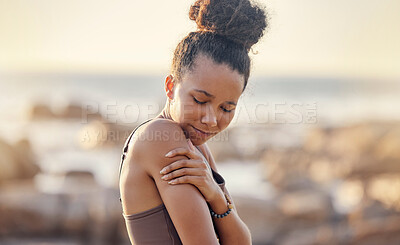 Buy stock photo Fitness, black woman and arm pain from sports injury, exercise or training workout accident in the outdoors. African American female suffering from sore shoulder muscle, inflammation or tension