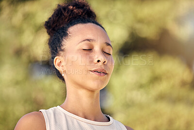 Buy stock photo Calm, fitness and breathing woman in nature for outdoor wellness, running or workout exercise in summer. Young sports, athlete or runner girl breathe, meditation or thinking in forest, park or garden