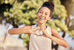 Fitness black woman with heart hand sign for love, body care or self care in nature park for cardio exercise. Training, freedom or portrait of runner with emoji gesture for health, wellness and peace