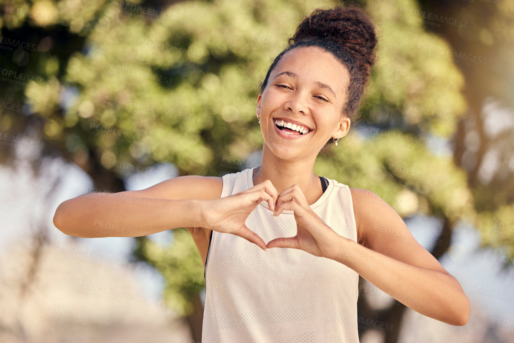 Buy stock photo Fitness black woman with heart hand sign for love, body care or self care in nature park for cardio exercise. Training, freedom or portrait of runner with emoji gesture for health, wellness and peace