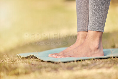 Buy stock photo Fitness, yoga and feet of woman in grass with mock up and training for health, zen and peace in field. Workout, exercise and pilates with girl in nature park for relax, spiritual and faith wellness 