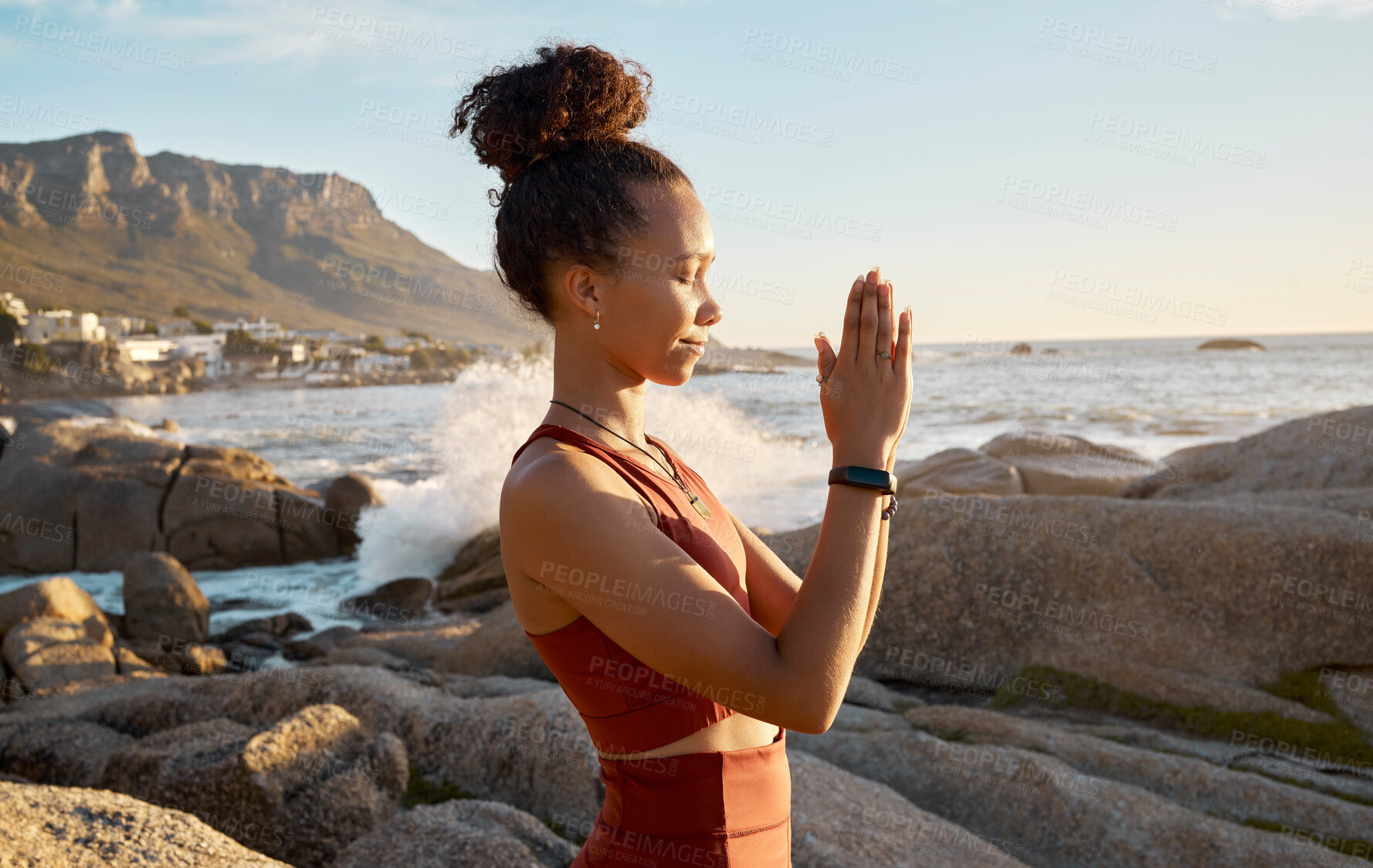 Buy stock photo Woman, prayer hands or meditation by sunrise beach, ocean or sea water for relax fitness, workout or exercise in spiritual wellness. Yogi, praying mudra or zen person in mind training or nature peace