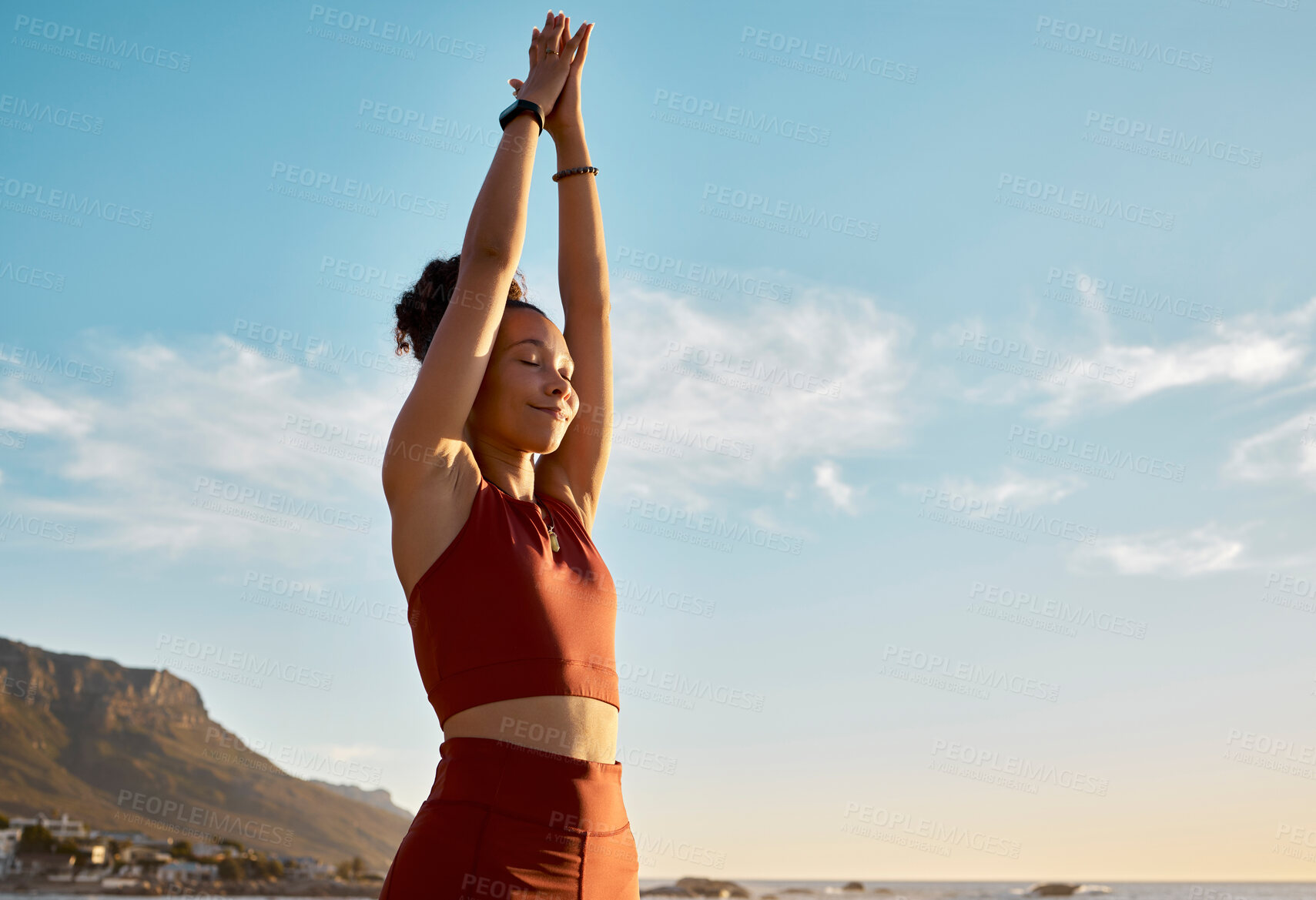 Buy stock photo Black woman, yoga pray hands and meditation wellness on beach. Happy zen girl, spiritual fitness breathing and mental health for mindfulness reiki energy or relax pilates exercise workout in nature