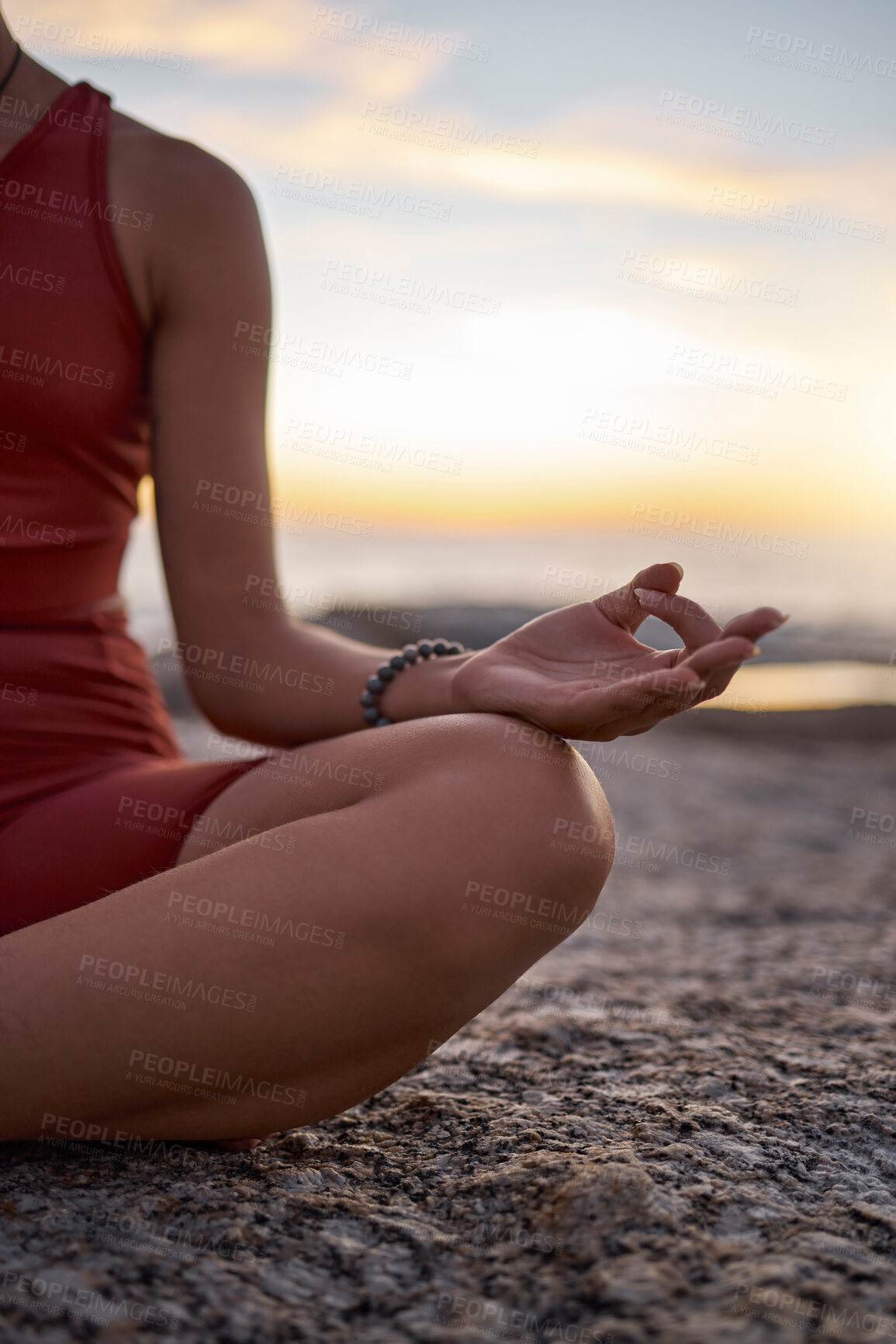 Buy stock photo Hand, woman and yoga at the beach at sunset, zen and relax exercise, mudra and chakra training with mockup. Meditation, hands and girl meditating at the sea, peace and energy in nature environment