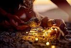 Hands, meditation with zen and burning sage for cleanse, spiritual and light for healing and balance outdoor closeup. Mindfulness, positive energy and ritual for wellness and health with aromatherapy