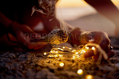 Buy stock photo Hands, meditation with zen and burning sage for cleanse, spiritual and light for healing and balance outdoor closeup. Mindfulness, positive energy and ritual for wellness and health with aromatherapy