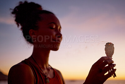 Buy stock photo Black woman, meditation and mindfulness, burning sage for zen and cleanse, therapy and spiritual healing outdoor. Ritual at sunset, aromatherapy and wellness for positive energy and healthy mindset.