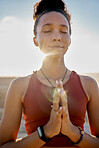 Yoga, pray hands and zen meditation or mental health in sunshine outdoors. Young woman relax, fitness and peace chakra or faith worship praying for balance, mindfulness and spiritual breathing  