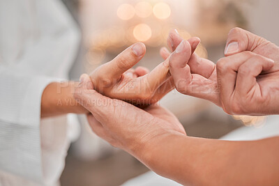 Buy stock photo Relax, hands and finger massage at spa for pain, arthritis or carpal tunnel syndrome. Zen, physiotherapy and client with therapist in salon for help with healthcare, physical therapy and wellness.