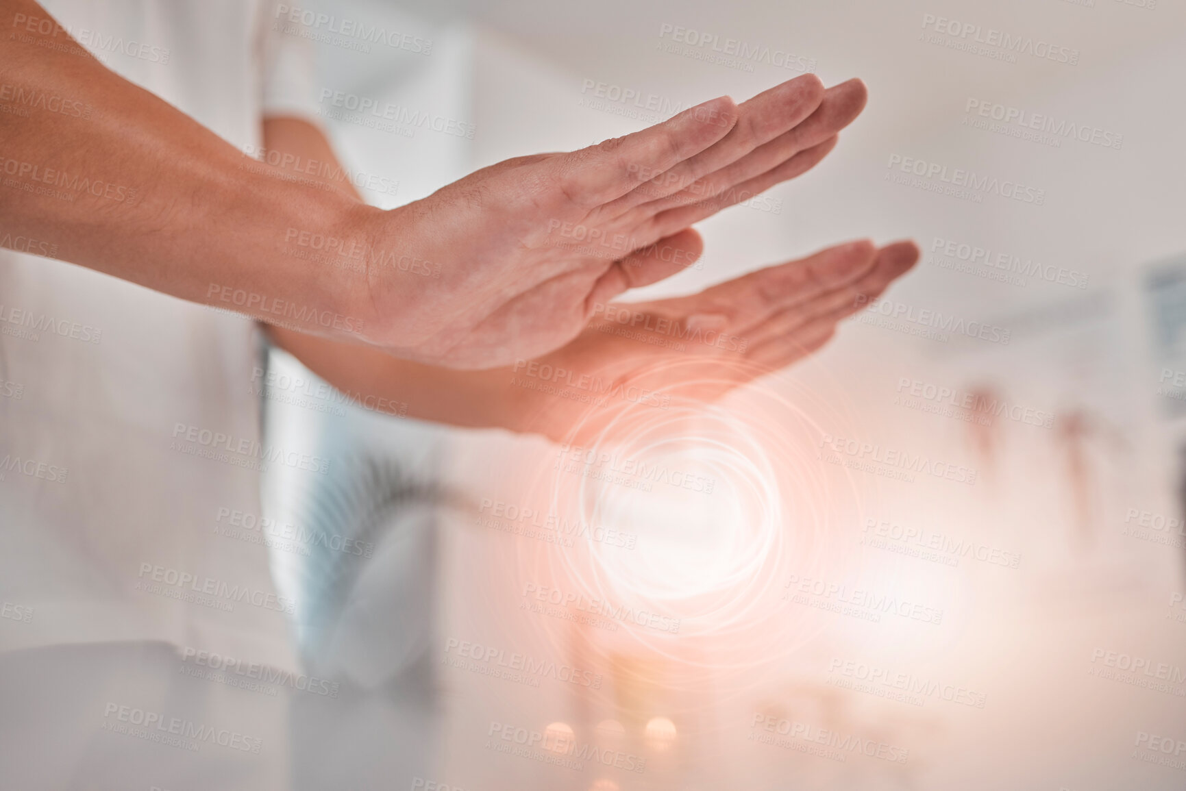 Buy stock photo Spa, energy and hands of reiki healer doing holistic aura, soul or chakra healing for healthcare, wellness or spiritual balance. Spirituality power, alternative medicine light or palm of mystical man