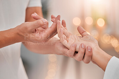 Buy stock photo Health, hands and reiki massage of a spa therapist consultation or couple showing support. Relax, wellness and physiotherapy peace of a hand together with zen and healthy physical therapy with care