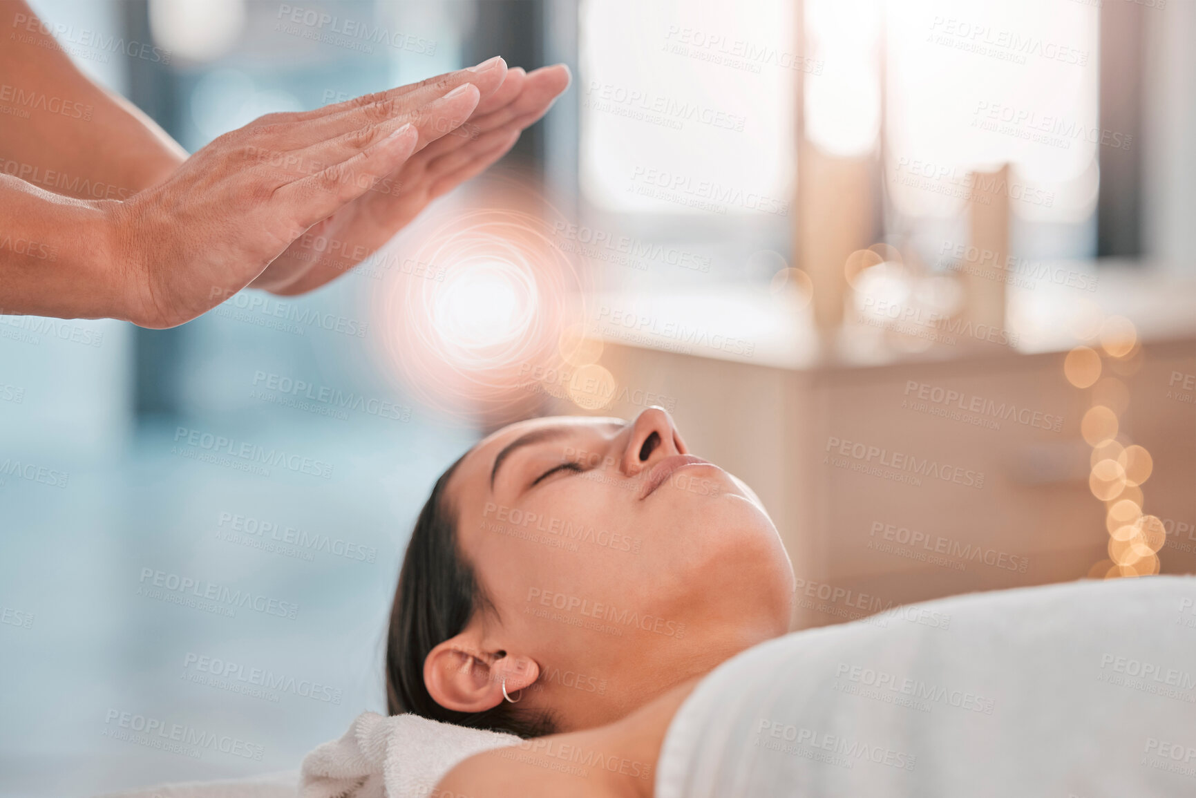 Buy stock photo Reiki, energy and light with head of woman in spa for alternative medicine, spiritual healing or traditional massage. Relax, wellness and peace with hands of healthcare expert for holistic treatment