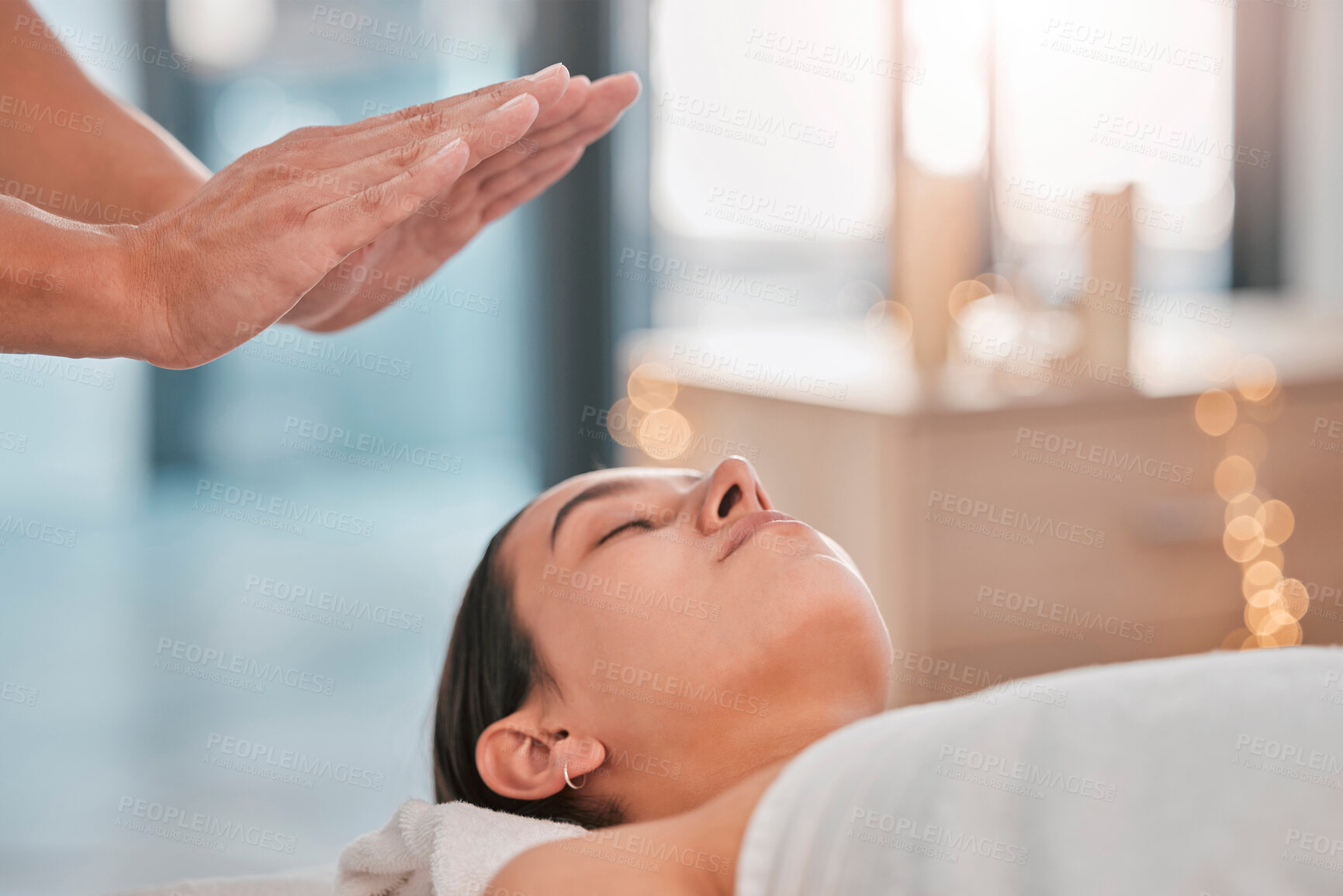 Buy stock photo Hands, relax woman or reiki spa for headache pain relief, depression healing or stress management in healthcare wellness or holistic clinic. Man, energy healer or mind chakra aura cleanse on patient