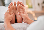 Spa, feet and massage for relax, wellness and health on bed with hands, luxury and physical therapy. Professional, foot rub and service for healthcare, foot massage and healthy body care treatment