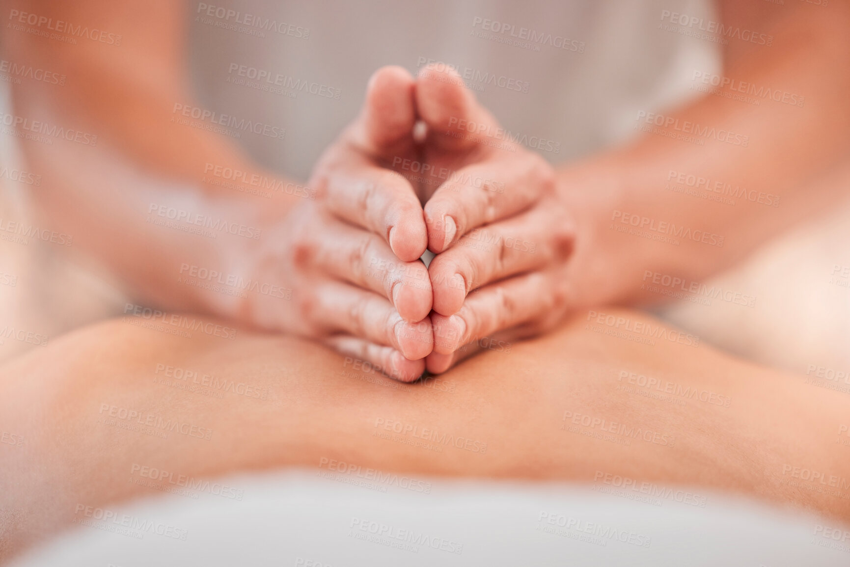 Buy stock photo Back massage, hand and spa for a massage therapist for zen body care and beauty, health or wellness. Massueuse, physical therapy and stress relief with tranquil treatment for relaxation and wellbeing