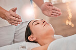 Woman, hands or relax reiki spa for stress management, headache relief or healthcare wellness in holistic clinic. Energy healer, man or mind chakra peace for sleeping patient and special effects glow