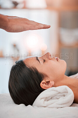 Buy stock photo spa, woman and hands with light energy healing for luxury healthcare wellness or reiki peace. Relax, zen meditation therapy and spiritual peace with cosmetic expert person for palm focus chakra