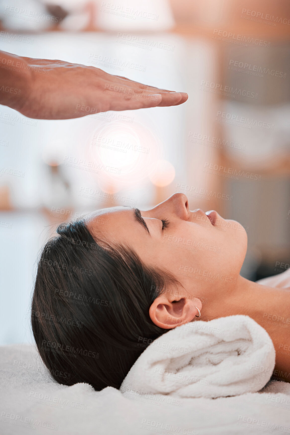 Buy stock photo spa, woman and hands with light energy healing for luxury healthcare wellness or reiki peace. Relax, zen meditation therapy and spiritual peace with cosmetic expert person for palm focus chakra