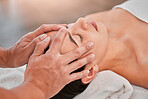 Woman, hands or head massage in spa headache relief, stress management or self love healthcare wellness. Man, massage therapist and masseur with relax client in zen, calm or peace luxury hotel salon