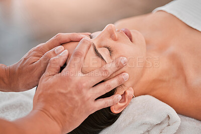 Buy stock photo Woman, hands or head massage in spa headache relief, stress management or self love healthcare wellness. Man, massage therapist and masseur with relax client in zen, calm or peace luxury hotel salon