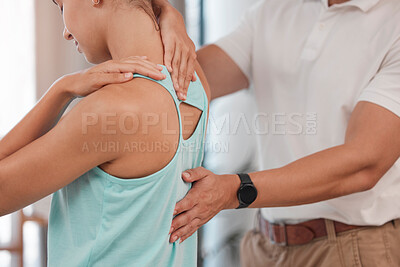 Buy stock photo Physiotherapy, chiropractor and physical therapist with woman patient for stretching and spine massage for health and wellness. Man and client at chiropractic for physical therapy consultation at spa