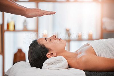 Buy stock photo Spa, wellness and reiki massage of a woman sleeping for beauty, skincare and skin health therapist. Zen, salon facial and relax client detox, holistic and dermatology therapy feeling peace and calm 