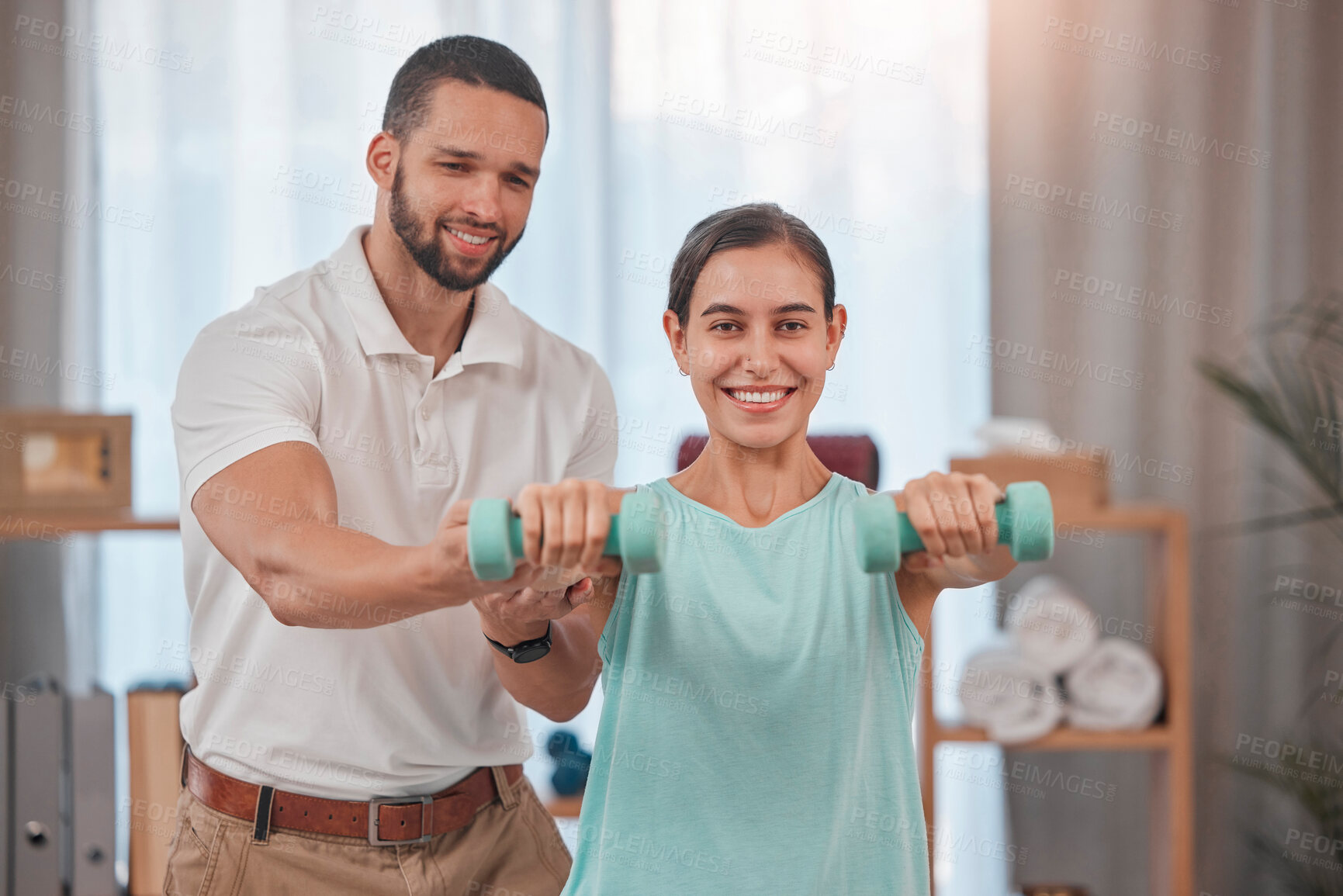 Buy stock photo Fitness, personal trainer and woman with weights in home doing exercise, workout and training in living room. Health, wellness and female with male instructor doing weightlifting with dumbbells