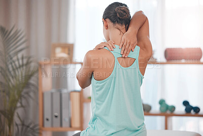 Buy stock photo Physical therapy, chiropractor and back pain of a woman patient ready for physiotherapy and wellness. Spa, chiropractor consultation and person with a spine problem stretching for chiropractic health