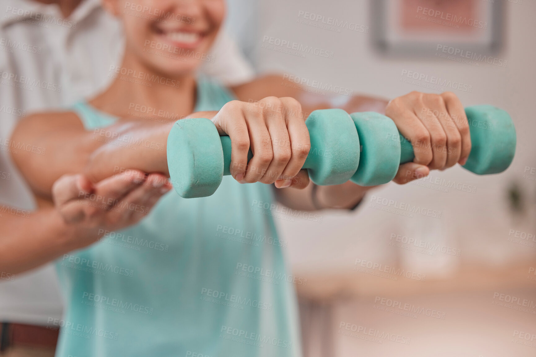 Buy stock photo Rehabilitation, physiotherapy and weights of a woman patient in a healthcare clinic consultation. Doctor, hospital and physio arms treatment of a chiropractor for medical consulting and hands health
