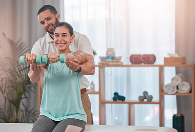 Buy stock photo Physiotherapy, dumbbell and exercise by woman for recovery, rehabilitation and healing with physiotherapist. Physical therapy, girl and weight training for osteoporosis, accident and bone treatment