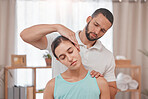 Physiotherapy, neck injury and woman in a consultation room with physiotherapist man for spine, back and bone assessment. Neck pain, girl and doctor in an exam for posture, joint and muscle problem 