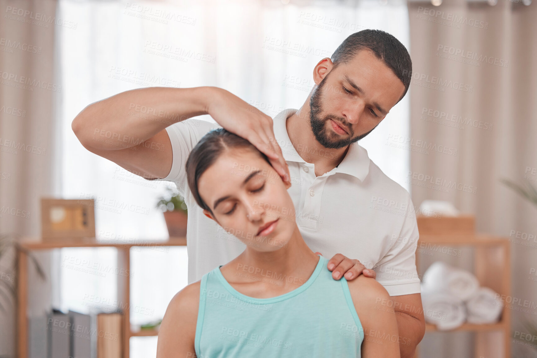 Buy stock photo Physiotherapy, neck injury and woman in a consultation room with physiotherapist man for spine, back and bone assessment. Neck pain, girl and doctor in an exam for posture, joint and muscle problem 