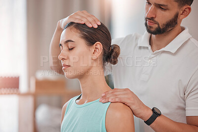 Buy stock photo Neck pain, physiotherapy or woman and therapist consulting, massage or medical healthcare support, help or care. Medicine, wellness or girl head injury for muscle physical therapy or helping patient