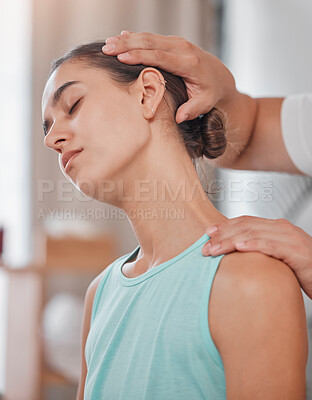 Buy stock photo Neck pain, physical therapy and woman with a physiotherapist for a consultation, massage and medical help. Wellness, healthcare and girl at the chiropractor with a muscle injury in rehabilitation