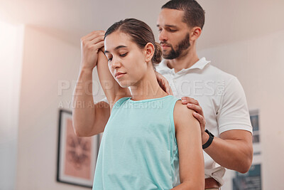 Buy stock photo Physiotherapy, arm and woman consulting physiotherapist for injury, problem and osteoporosis in consultation room. Chiropractor, stretch and exam by chiropractor for bone, shoulder and rehabilitation