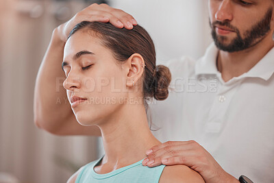 Buy stock photo Woman, neck pain or physiotherapy stretching in sports clinic for pain relief, muscle stress management or healthcare wellness. Man, physiotherapist or worker with athlete patient in physical therapy