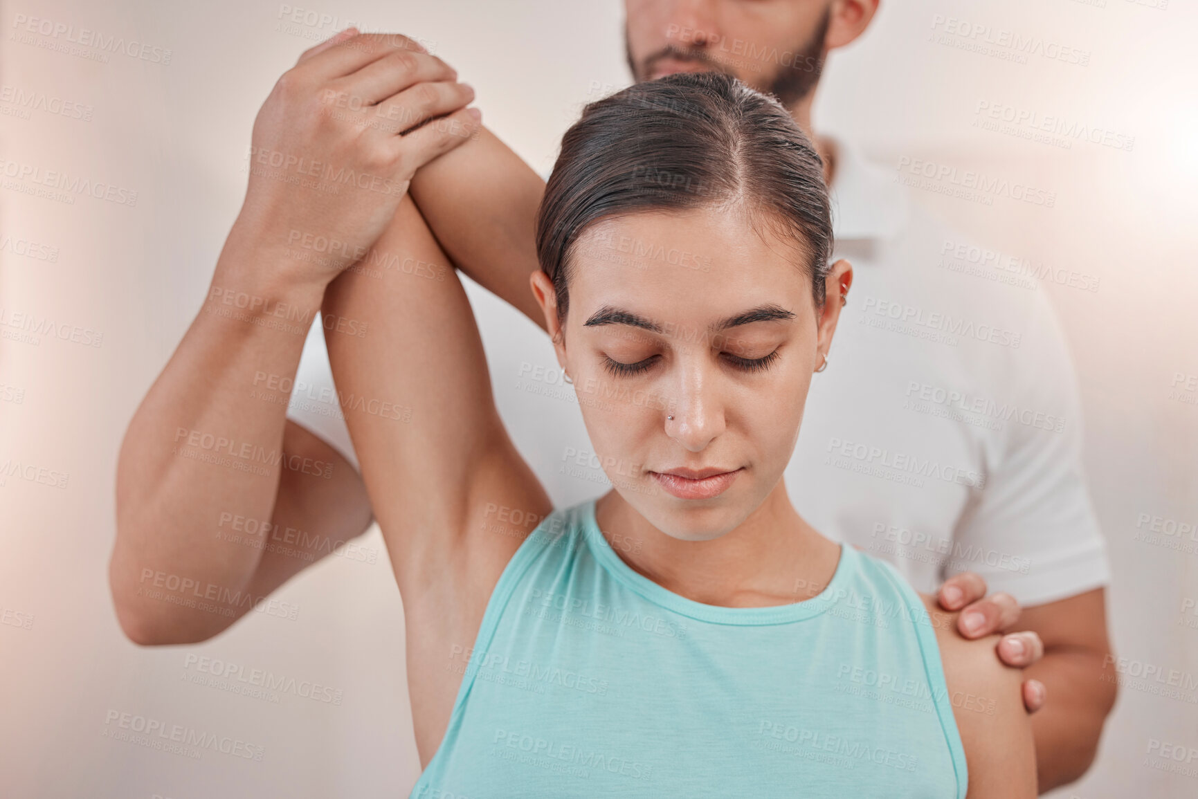 Buy stock photo Physiotherapy, woman and stretching arm with coach for fitness healthcare or sports wellness. Rehabilitation recovery, personal trainer and orthopedic physical therapy or physiotherapist help patient