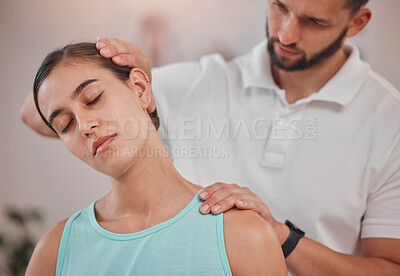 Buy stock photo Massage, physiotherapy and injury with a woman customer suffering from neck pain in session with a man consultant. Fitness, wellness and pain with a therapist and female client in rehabilitation