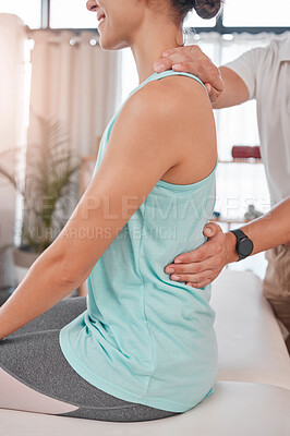 Buy stock photo Chiropractor, physiotherapy and back pain of woman while at physiotherapist for a massage, physical therapy and healing. Therapist with client at health and wellness chiropractic spa for consultation