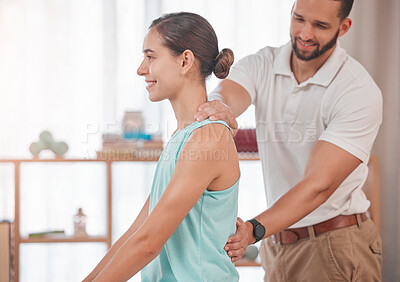 Buy stock photo Physiotherapy, chiropractor and consulting with woman and doctor for healthcare, medical or sports therapy. Healing, wellness and training with spine of patient and man help for back injury exam